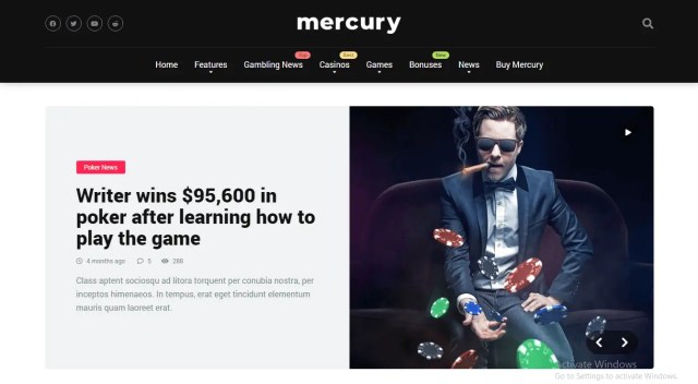 Preview screenshots of Mercury - Gambling and Casino Affiliate WordPress Theme News and Reviews