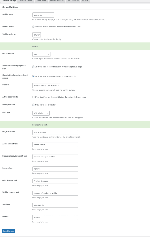 WooCommerce wishlist PLugins - General Settings 