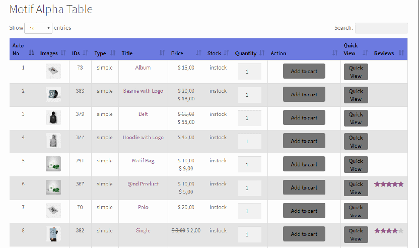 WooCommerce Product Table